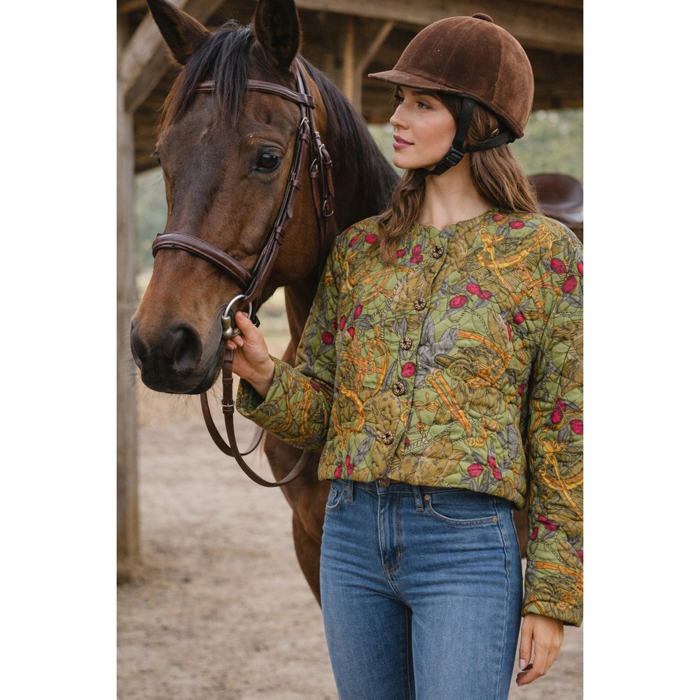 VTG Quilted Jacket Equestrian Horse Tack Print Crop Coat Cottagecore Boho M